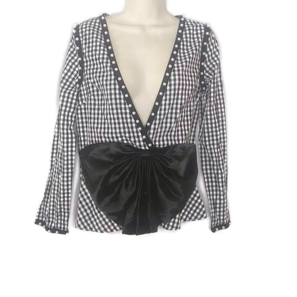 JJ's Fairyland Black Gingham Pearl and Bow Detail Deep V Neck Blouse - Picture 1 of 4